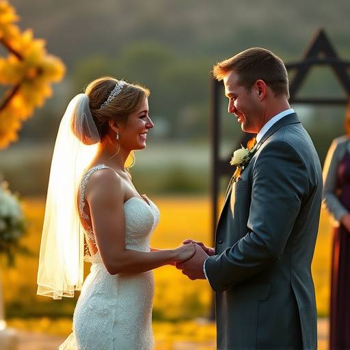 A bride and groom exchanging vows during their outdoor wedding ceremony, surrounded by family and friends.