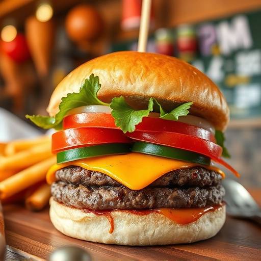 A close-up shot of a gourmet burger with fresh ingredients, styled for a restaurant's menu.