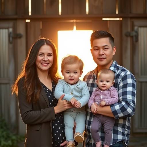 A family portrait of a mother, father, and their two children, posing in front of a rustic barn.
