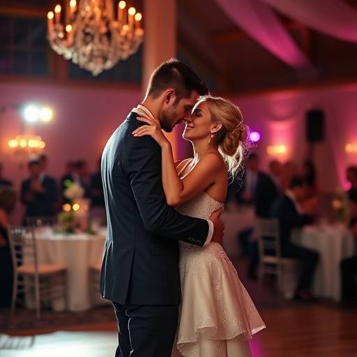 A newlywed couple sharing their first dance at a beautifully decorated wedding reception.