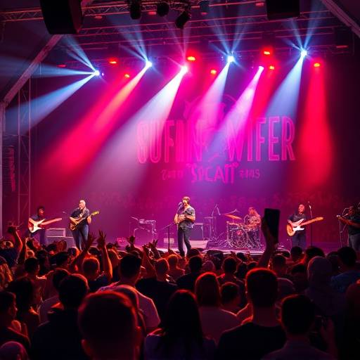 A photo of a live band performing on stage at a music festival, capturing the energy and excitement of the crowd.