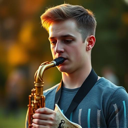 A senior portrait of a young man holding his saxophone, highlighting his passion for music.