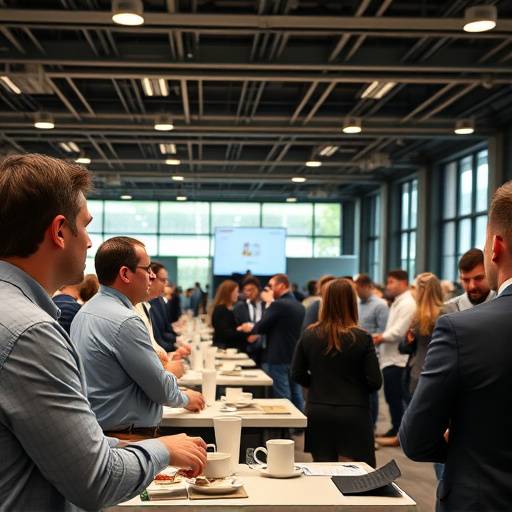A wide shot of a corporate conference, showcasing attendees networking during a coffee break.