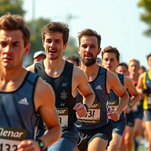 Action shot of athletes competing in a marathon, capturing their determination and athleticism.