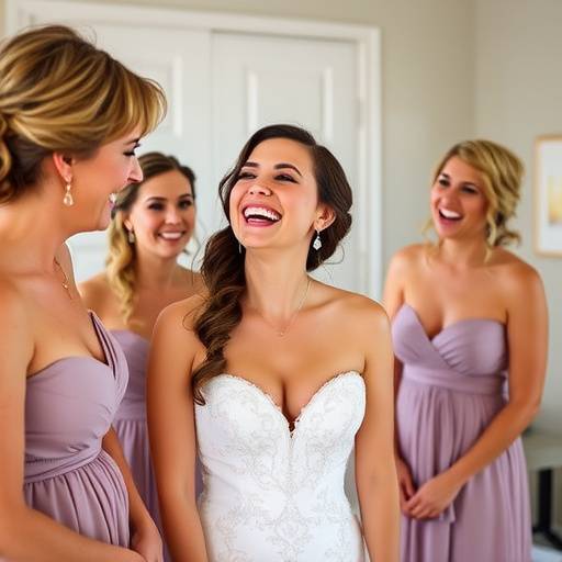 Candid photo of the bride laughing with her bridesmaids while getting ready for the wedding.