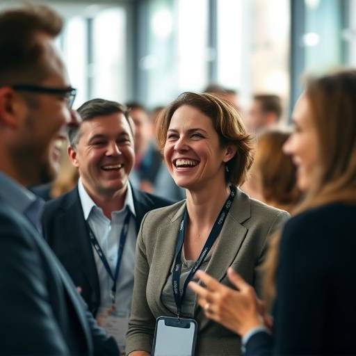 Candid shot of people laughing at a corporate event.