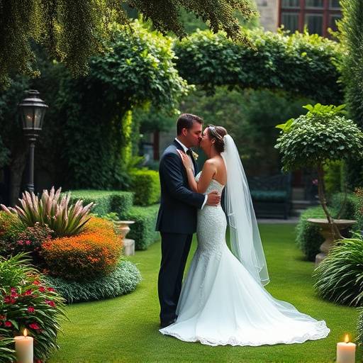 Elegant wedding photo of a bride and groom in a garden.